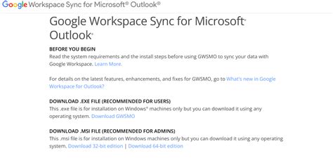 Download, sign in, and import 1. Download and install GWSMO Google Workspace Sync for Microsoft Outlook Next: 2. Sign in to your Google Account This article is for Google Workspace users. To begin administering GWSMO, go to GWSMO Admin Help. Installing Google Workspace Sync for Microsoft Outlook (GWSMO) also installs Google …